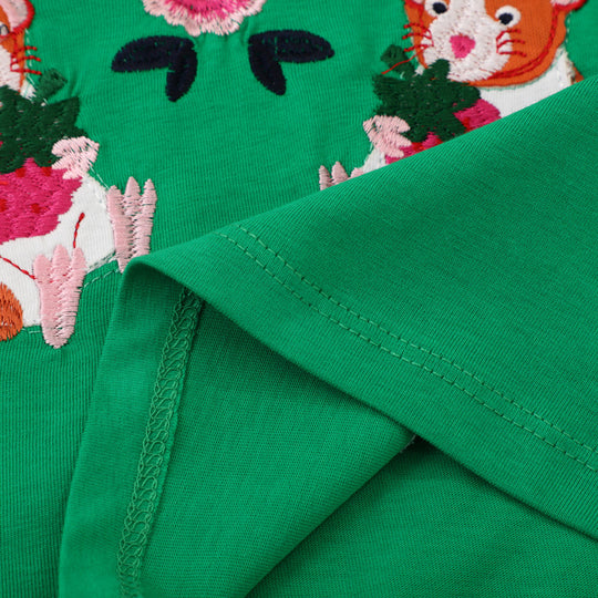 Mädchen Langarm-Kleid mit bunten Tier- und Blumenstickereien EB