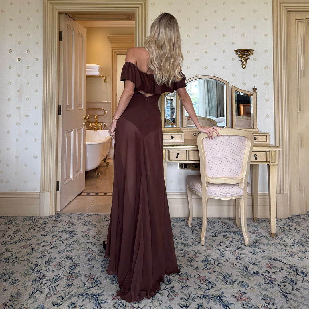 Damen Offshoulder Maxikleid mit voluminösem Rüschensaum EB