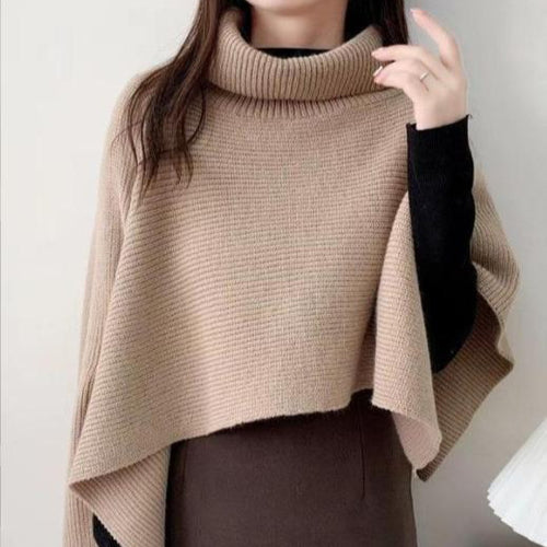 Damen Strickponcho mit hohem Kragen und asymmetrischem Schnitt EB