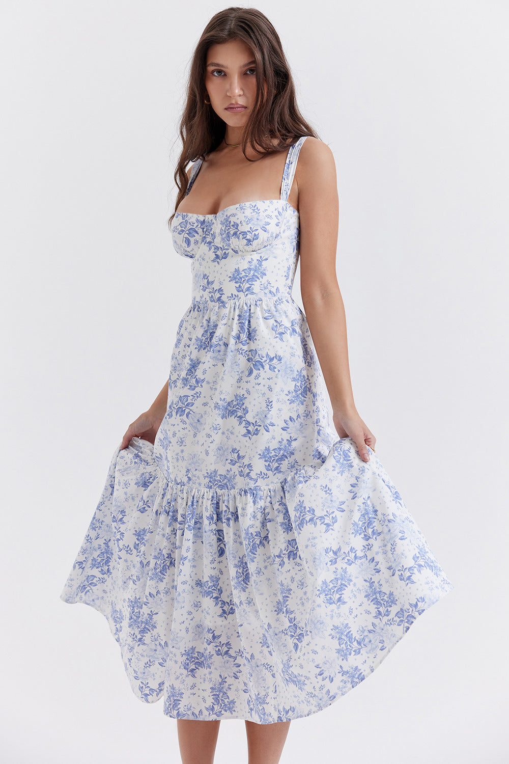 Damen Boho Maxikleid mit romantischem Blumendruck und voluminösem Rock EB