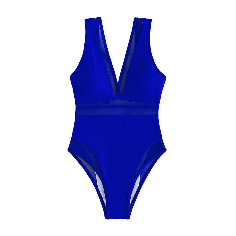 Damen Design-Einteiler Badeanzug mit tiefem V-Ausschnitt und sportlichem Schnitt EB