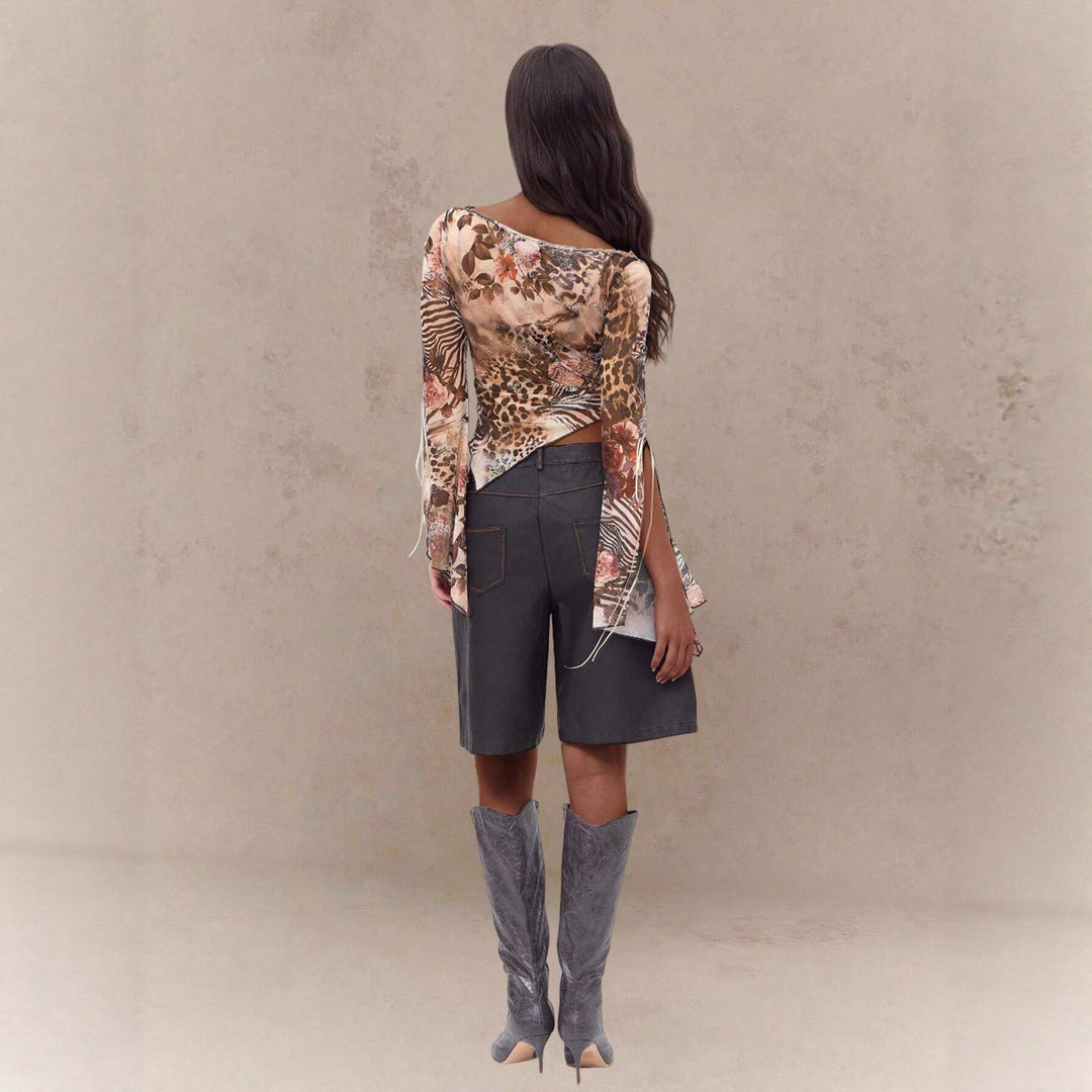 Damen nan asymmetrisches semitransparentes Mesh-Top mit floral-animalischem Muster, gerafftem Rumpf und schulterfreiem Wasserfall-Ausschnitt EB