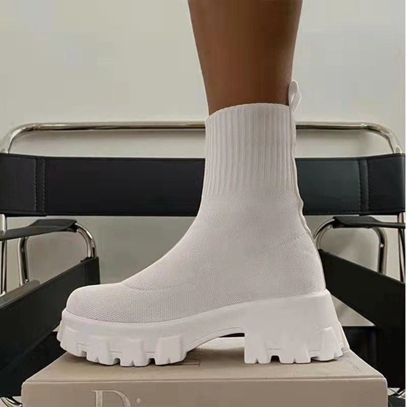 Damen Sock-Ankle-Boots mit grobem Offroad-Profil und elastischem Strickschaft EB