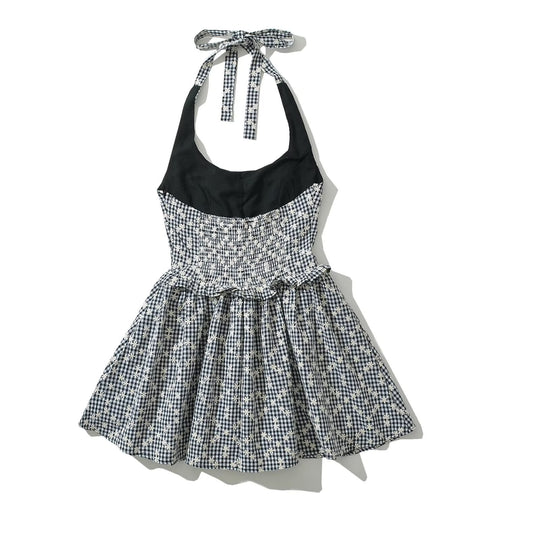 Damen Freizeitkleid mit verspieltem Halterneck und floralem Karodesign EB