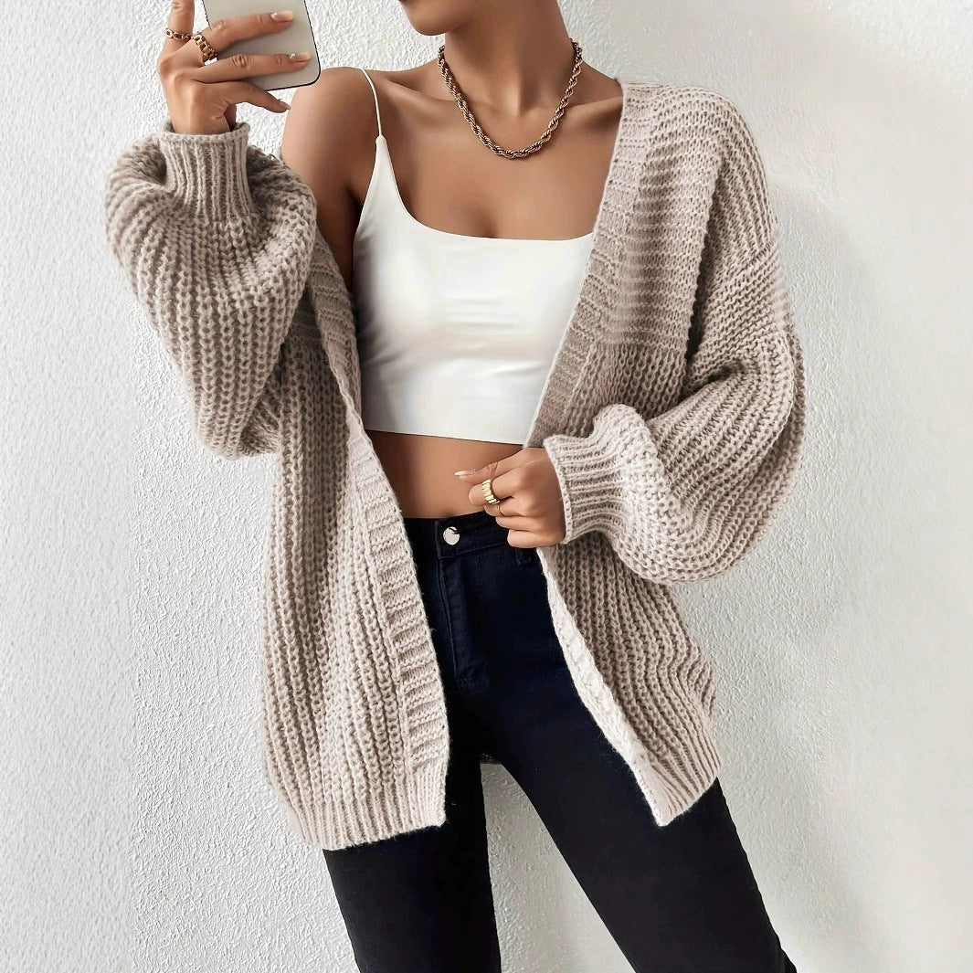 Damen nan Oversize-Strickcardigan mit grobem Waffelstrick, offener Front und voluminösen Ballonärmeln EB
