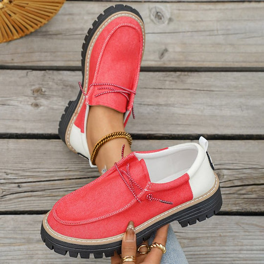 Damen Modische Slipper-Loafer mit grober Profilsohle, Canvas-Obermaterial und dekorativer Kordel EB