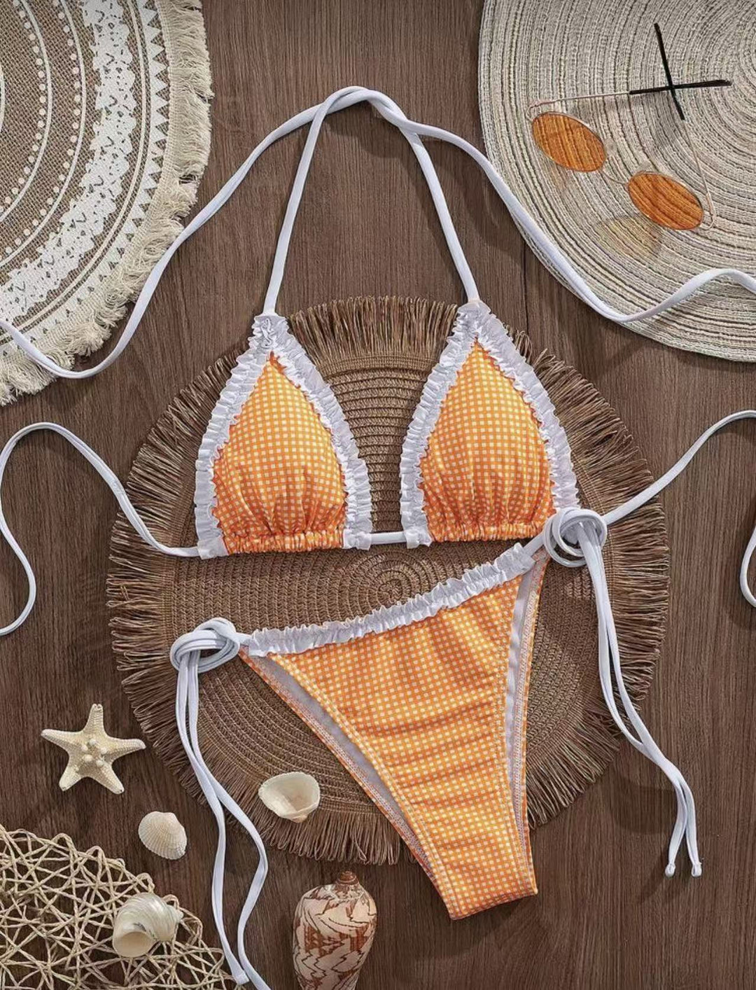 Damen Bikini-Set mit verspieltem Karomuster und charmanten Rüschendetails EB