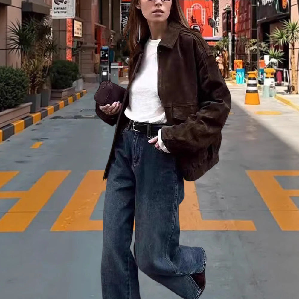 Damen Modische Kunstlederjacke mit lässigem Schnitt und praktischen Taschen EB