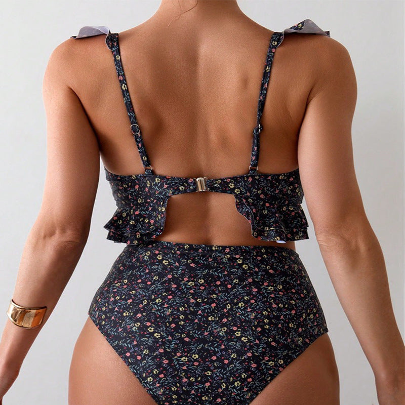 Damen Hochgeschnittener Bikini mit floralem Rüschendesign EB
