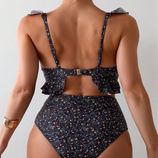 Damen Hochgeschnittener Bikini mit floralem Rüschendesign EB