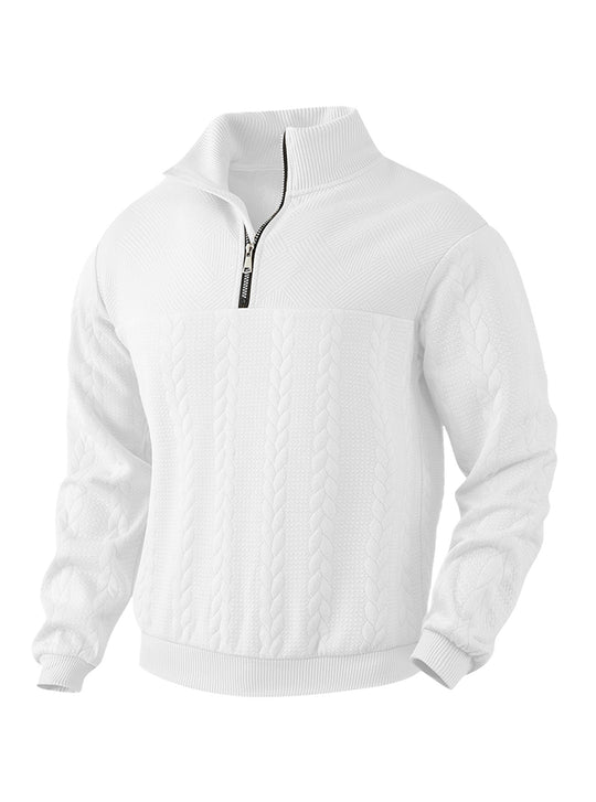 Herren nan texturierter Strickpullover mit Halbzip, geflochtenem Zopfmuster und hohem Stehkragen EB