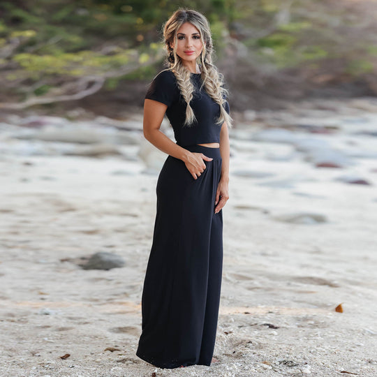 Damen lässiges Cropped T-Shirt und weite Palazzo-Hose Set EB
