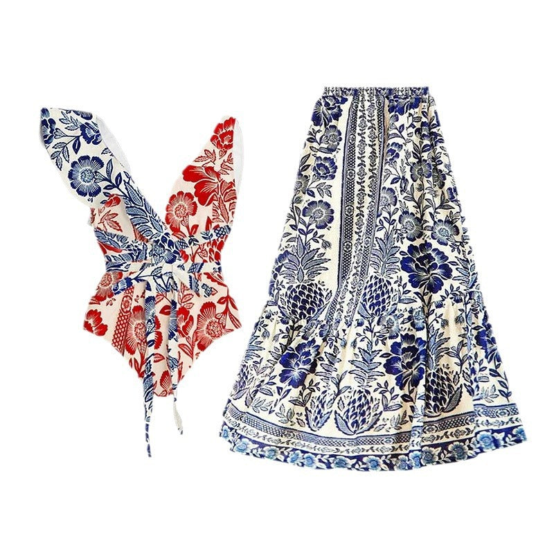 Damen Badeanzug mit floralem Muster und schickem Rock EB
