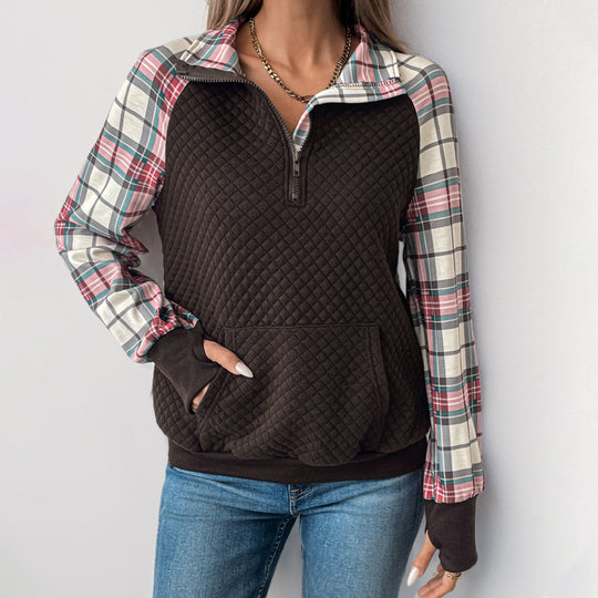 Damen lässiger Fleece-Pullover mit Karomuster und praktischen Kängurutaschen EB