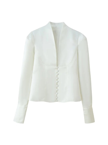 Damen taillierte Bluse mit modernen Knopfdetails und Stehkragen EB