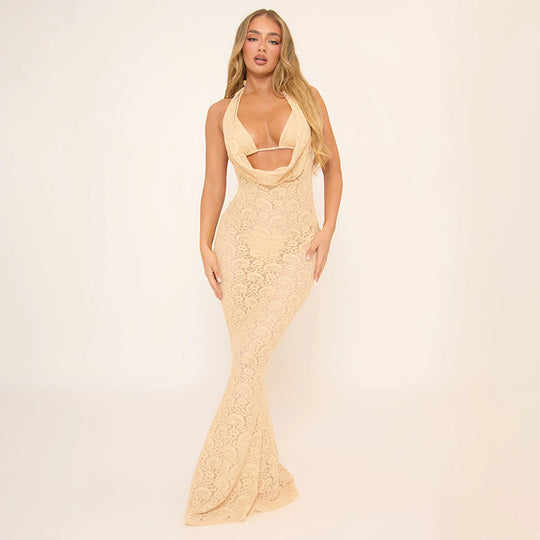 Damen Spitzen-Maxikleid mit halsfernem Halterdesign und figurbetontem Schnitt EB