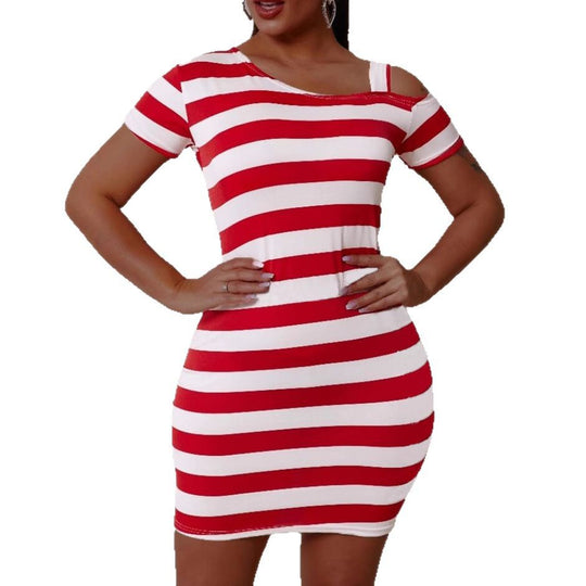 Damen Kurzarm Kleid mit asymmetrischem Ausschnitt und Streifenmuster EB