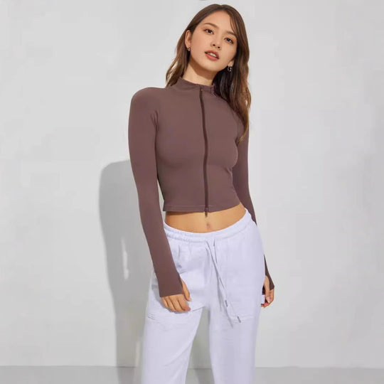 Damen cropped Zip-Oberteil mit hohem Kragen und langen Ärmeln EB