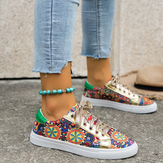 Damen Moderne Sneakers mit buntem Muster und glänzenden Schnürsenkeln EB