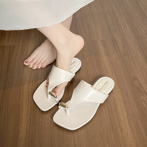 Damen elegante Zehentrenner-Sandalen mit modischem Riemendesign und goldener Applikation EB