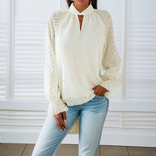 Damen elegante Bluse mit leicht transparenten Ärmeln und dekorativem Stehkragen EB