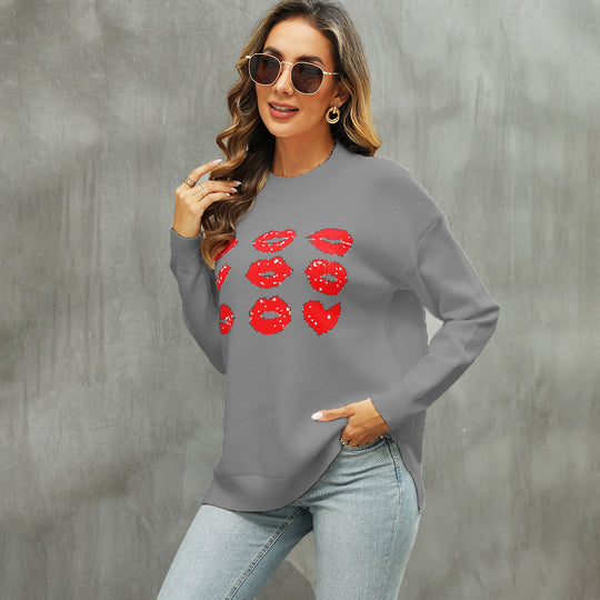 Damen Strickpullover mit glitzerndem Lippen-Motiv EB