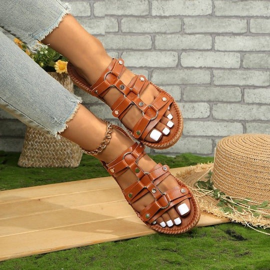 Damen modische Riemchensandalen mit goldenen Schnallen EB