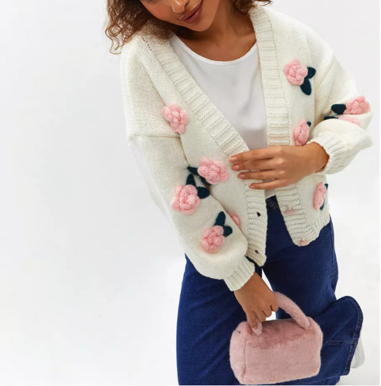 Damen Geblümter Strick-Cardigan mit 3D-Blumenapplikationen und V-Ausschnitt EB