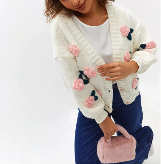 Damen Geblümter Strick-Cardigan mit 3D-Blumenapplikationen und V-Ausschnitt EB
