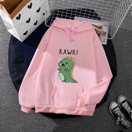 Damen nan Oversize-Kapuzenpullover mit kawaii Dinosaurier-Motiv, gerippten Bündchen und Kängurutasche EB