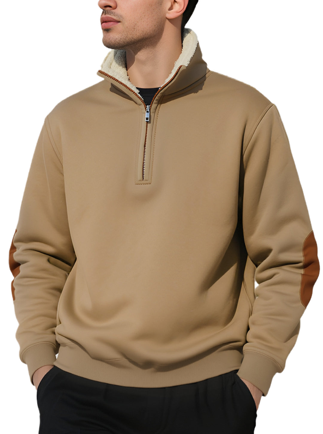 Herren nan legeres Halbzip-Sweatshirt mit Sherpagefüttertem Stehkragen und Kunstleder-Ellenbogenapplikation EB
