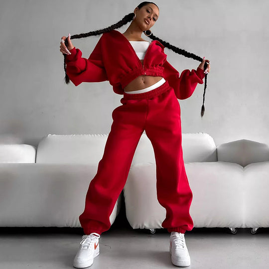 Damen Cropped‑Zip‑Hoodie mit Ballonärmeln und hochgeschnittener Jogginghose mit gerafftem Taillenbund EB