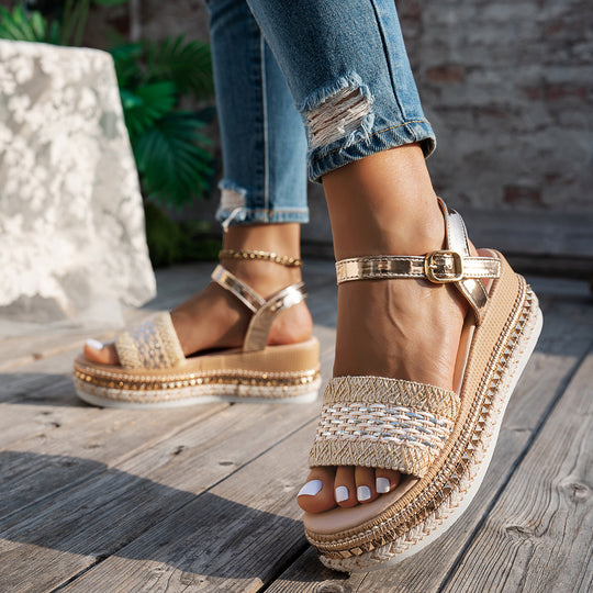 Damen Wedge-Sandaletten mit verstellbarem Riemendesign und dekorativem Akzent EB
