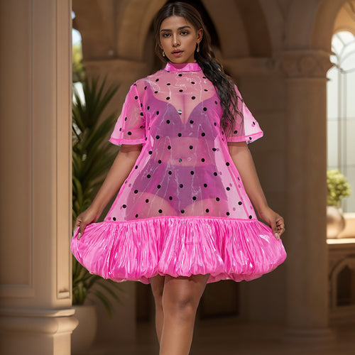 Damen durchsichtiger Polka-Dot Mini-Kleid mit Rüschensaum EB