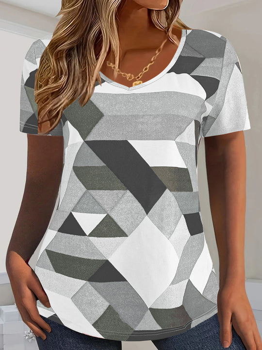 Damen V-Ausschnitt T-Shirt mit modernem geometrischem Muster EB