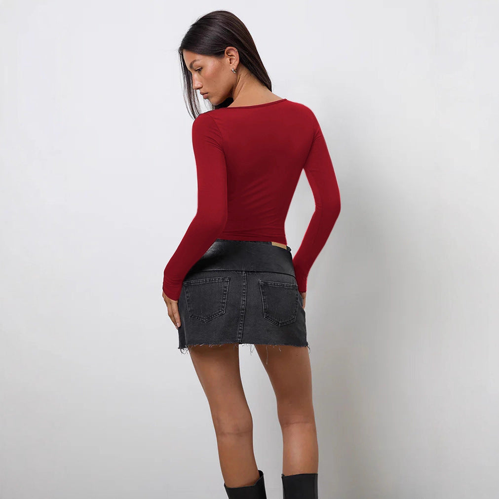 Damen figurbetontes Longsleeve Oberteil mit tiefem Rundhalsausschnitt und enganliegendem Schnitt EB