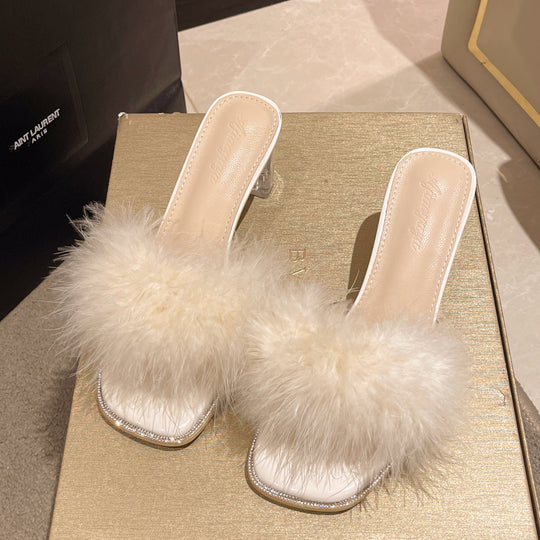 Damen Elegant und glamouröse Pantoletten mit flauschiger Applikation EB