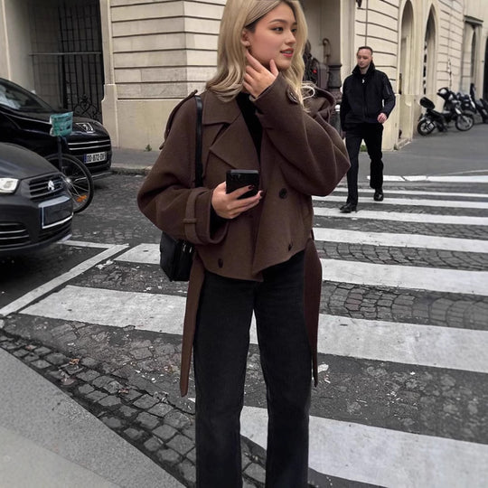 Damen modische und überschnittene Wolljacke mit doppelter Knopfleiste EB