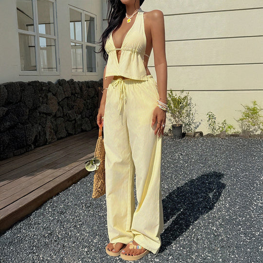 Damen Lässiges Strandoutfit mit Crop-Top und weitem Hose EB