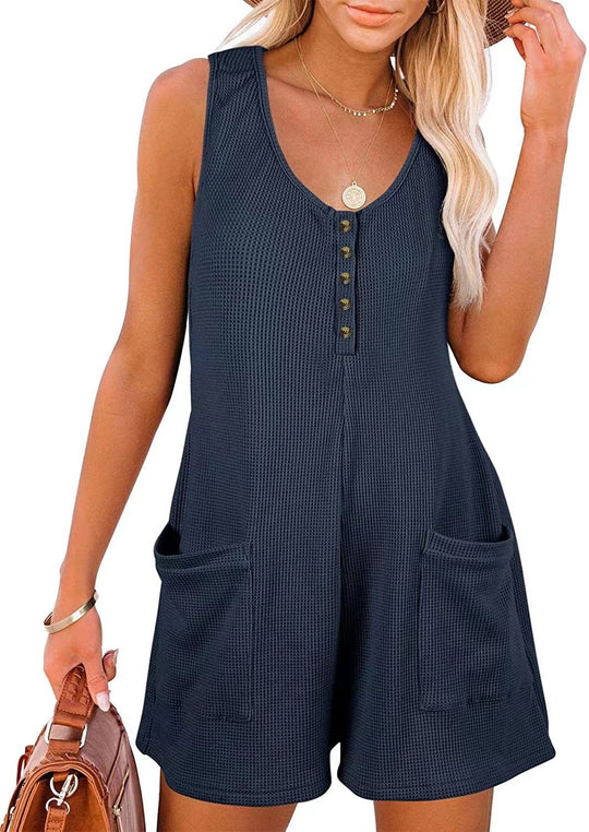 Damen lässiger Kurz-Jumpsuit mit Knopfleiste und Taschen EB