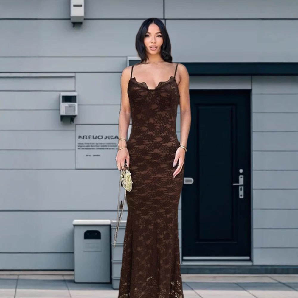 Damen Elegantes Spitzen-Maxikleid mit tiefem V-Ausschnitt EB