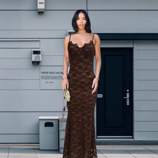 Damen Elegantes Spitzen-Maxikleid mit tiefem V-Ausschnitt EB