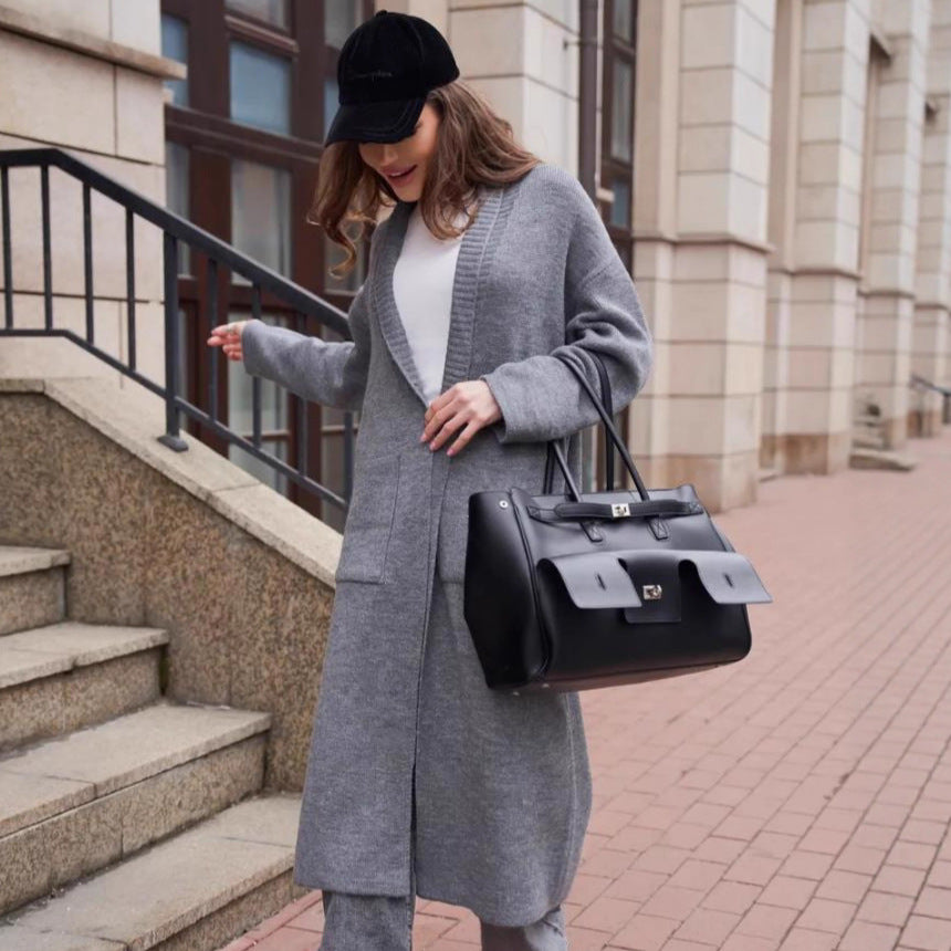 Damen Strickmantel mit tiefem V-Ausschnitt und großen Taschen EB