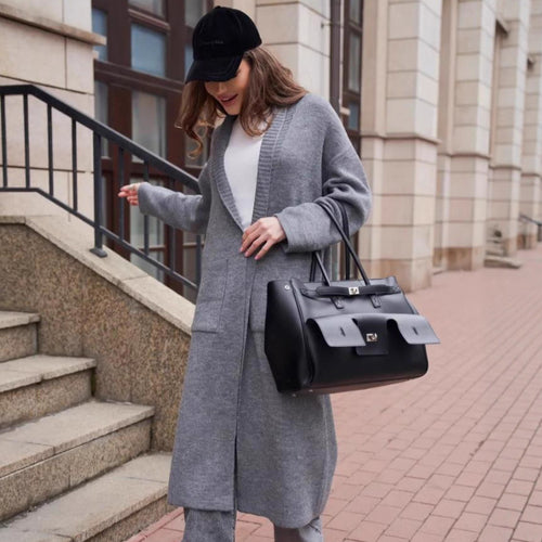 Damen Strickmantel mit tiefem V-Ausschnitt und großen Taschen EB