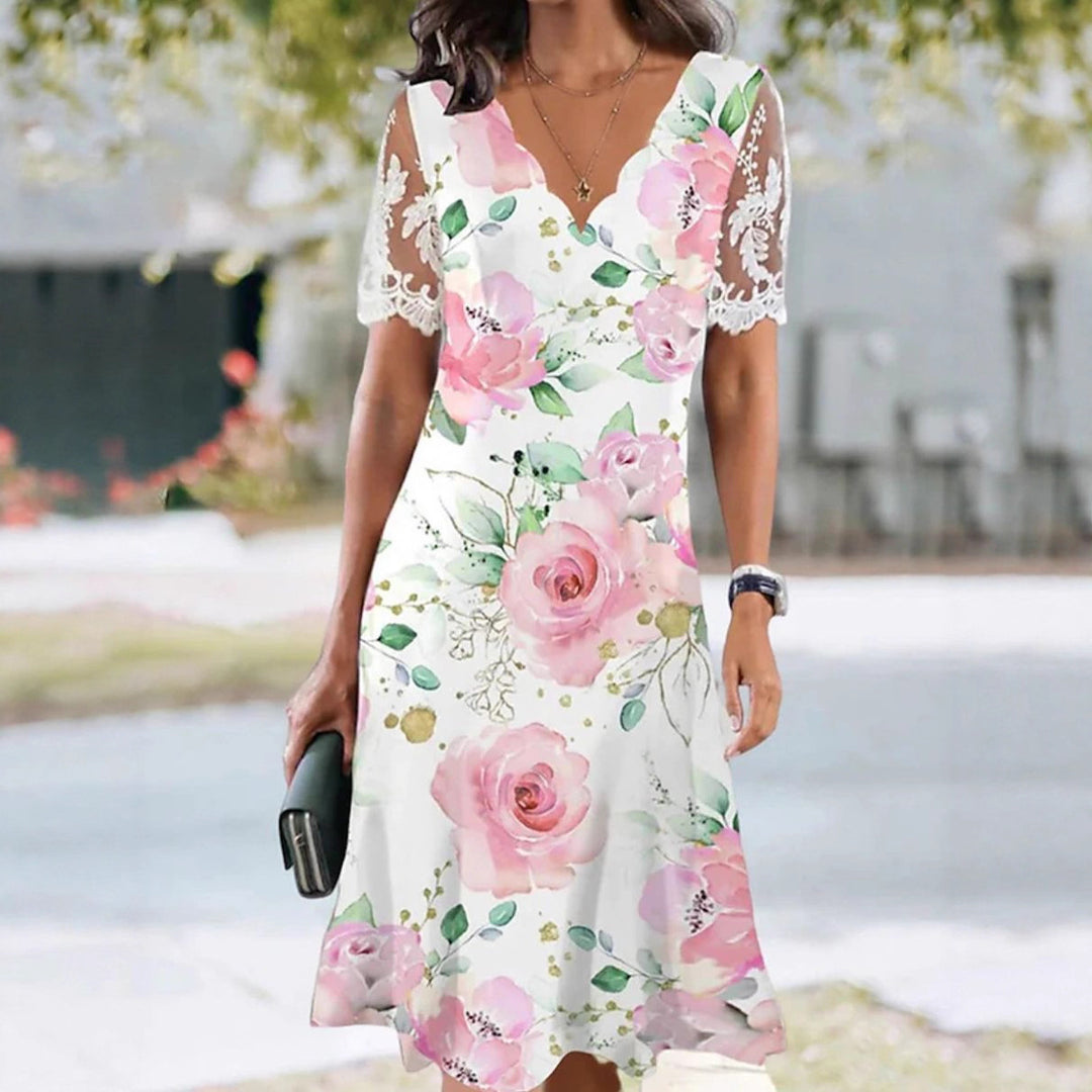Damen nan A-Linien-Midikleid mit wellenförmigem V-Ausschnitt, ganzflächigem Blumenmuster und transparenten Spitzenärmeln EB