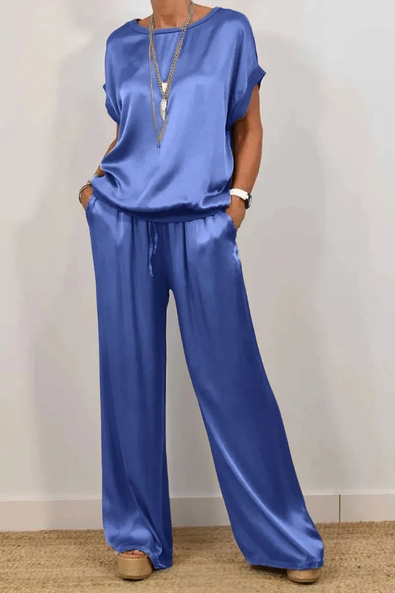 Damen Elegantes Satin Lounge-Set mit weitem Schnitt und lässigem Oberteil EB