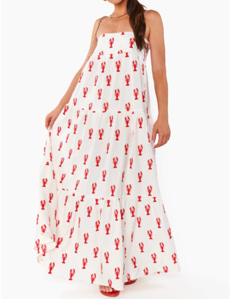 Damen nan trägerloses Stufenmaxikleid mit Bandeau-Oberteil lockerer A-Linie und maritimem Hummer-Print EB