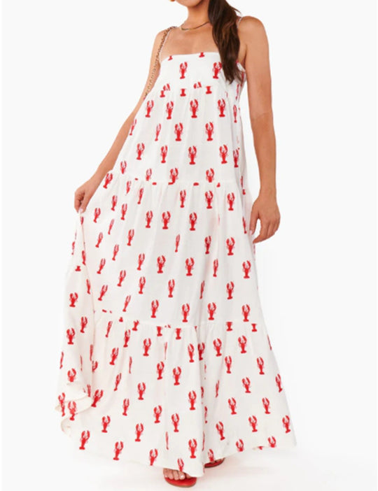 Damen nan trägerloses Stufenmaxikleid mit Bandeau-Oberteil lockerer A-Linie und maritimem Hummer-Print EB