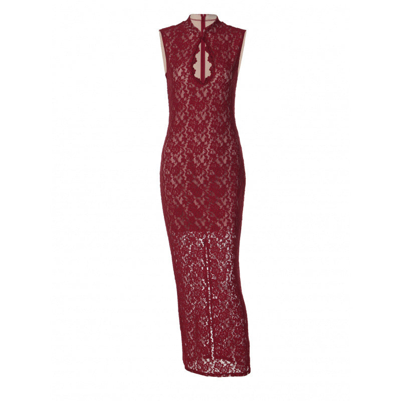 Damen Spitzenkleid mit hohem Kragen und figurbetonter Silhouette EB