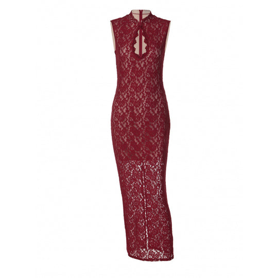 Damen Spitzenkleid mit hohem Kragen und figurbetonter Silhouette EB